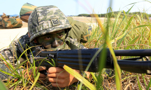 해군ㆍ해병대 연대급 합동상륙훈련 및 한국군 단독 합동해안양륙군수지원훈련25일 오전 충남 태안군 안면도 해안에서 열렸다. 해안에 상륙한 해병대원들이 사격자세를 취하고 있다.  서해 사진공동취재단