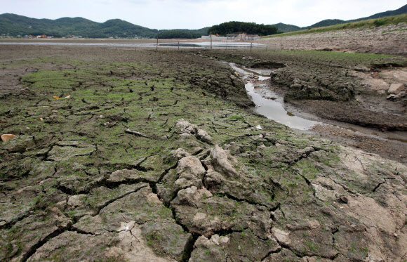 26일 극심한 가뭄이 이어지는 가운데 인천 강화군 내가면 고려저수지가 물이 말라 바닥이 갈라져 있다. 연합뉴스