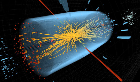 유럽입자물리연구소(CERN) 연구진이 새로운 입자 발견의 증거로 공개한 CMS 검출기 사진. 양성자 충돌로 인해 힉스로 추정되는 새로운 입자가 두 개의 선으로 붕괴되면서 튀어 나가는 모습이 선명하게 찍혀 있다. 유럽입자물리연구소 제공