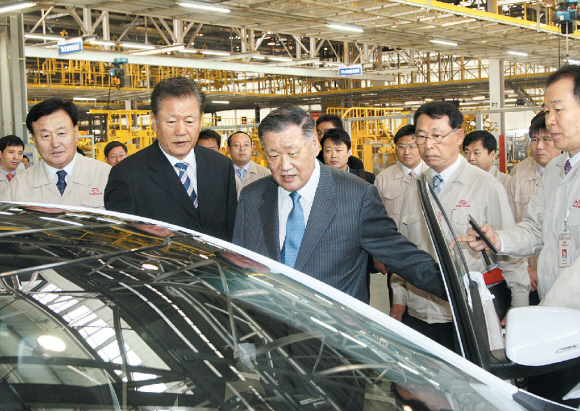 정몽구(오른쪽 세 번째) 현대차그룹 회장이 지난해 11월 중국 현대차 공장에서 생산되고 있는 제품을 살펴보고 있다. 현대차그룹 제공