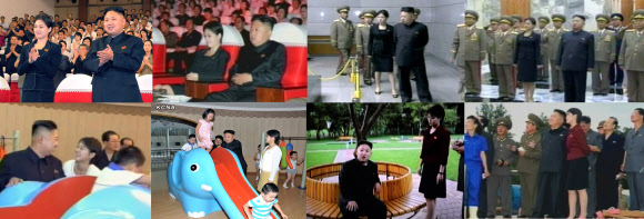 北 매체가 그동안 공개했던 리설주의 모습들이다. 사진 위 좌측에서부터 ‘모란봉악단 공연관람’, ‘금수산기념궁전 참배’, ‘경상유치원 시찰’, ‘능라유원지 시찰’ 영상.  연합뉴스