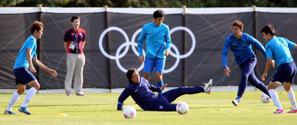 28일 영국 코벤트리의 워윅 유니버시티 축구 훈련장에서 열린 올림픽 축구 대표팀 훈련에서 홍명보 감독이 선수들과 함께 훈련하고 있다.코벤트리(영국) 연합뉴스