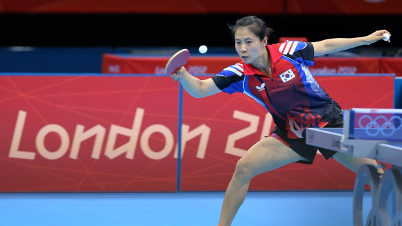 런던올림픽 개막을 하루 앞두고 27일  런던 엑셀 사우스 아레나에서 열린 탁구대표팀 공식훈련에서 김경아가 공을 받아넘기고 있다. 런던 연합뉴스