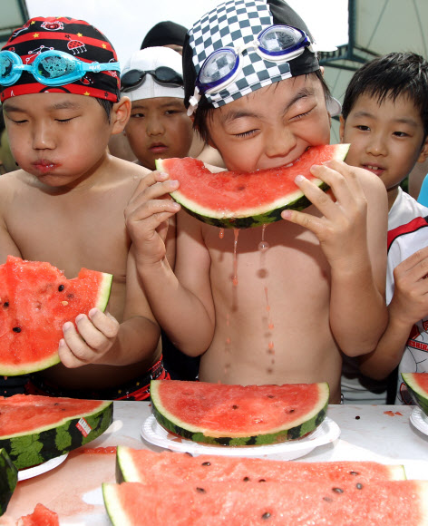 서초구청은 계속되는 무더위를 맞아 31일 양재천 수영장에서 ‘수박 빨리먹기 대회’를 진행했다. 초등학생 이하 어린이 60명을 선착순으로 받아 조별 1등에게 소정의 상품을 지급했다.  연합뉴스