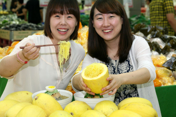 ㈜농협유통은 9일 무더위에 시원하게 먹을 수 있는 ‘국수호박’ 을 선보인다.   연합뉴스