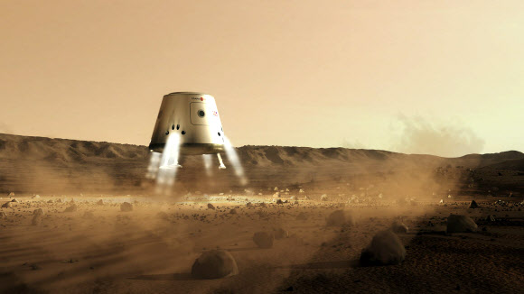 미 항공우주국(NASA)의 화성 탐사로봇 큐리오시티가 지난 5일(현지시간) 화성 표면에 무사히 착륙하면서 인류의 화성 탐사 작업은 더욱 속도를 내게 됐다. 네덜란드 민간기업인 ‘마스원’이 공개한 캡슐형 우주선의 화성 착륙 가상도. 이 회사는 2022년 9월 우주비행사 4명을 화성에 보내 NASA보다 먼저 인류를 화성에 정착시키고 이 과정을 리얼리티 TV 쇼로 제작하겠다고 밝혀 화제가 됐다.  마스원 제공