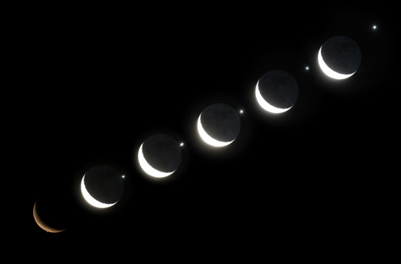 2시40분부터 4시17분까지 촬영한 달과 금성의 모습 6장 합성. 연합뉴스