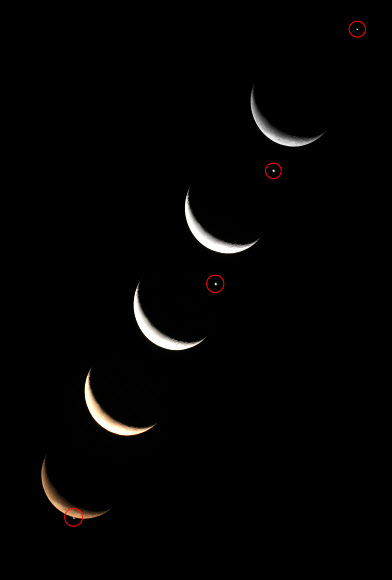 2시40분부터 4시17분까지 촬영한 달과 금성의 모습 5장 합성. 연합뉴스