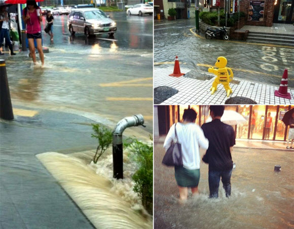 광복절인 15일 서울에 시간당 50㎜ 안팎의 폭우가 쏟아져 시내 일부 상습 침수구역과 도로가 물바다로 변했다. 지난해 집중호우 당시 침수 피해가 컸던 강남역 인근 도로가 이날 또 물에 잠기면서 차량과 보행자가 통행하는 데 큰 불편을 겪었다. 사진은 누리꾼들이 트위터에 올린 강남역 침수 장면 모음.  출처: 트위터