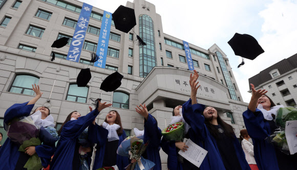 17일 오전 용산구 숙명여자대학교에서 졸업식을 마친 학생들이 학사모를 던지며 기념사진을 찍고 있다. 연합뉴스