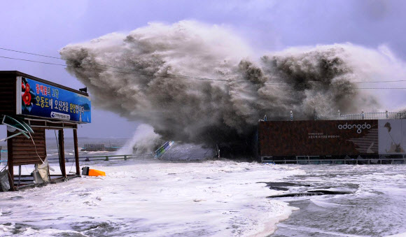 전남 여수 오동도 앞 해상에서 거대한 파도가 맹렬한 기세로 방파제를 넘어 오동도 매표소 건물 등을 덮치고 있다.  연합뉴스