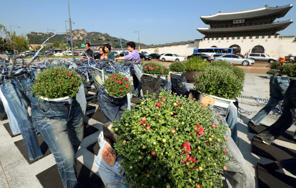 24일 오전 서울 광화문 광장에서 ‘고전과 현대 도심의 어울림’을 주제로 ‘2012 국제꽃장식대회’가 열리고 있다.  연합뉴스