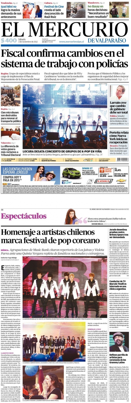 칠레 신문 1면을 장식한 엠블랙.<br>제이튠캠프 제공