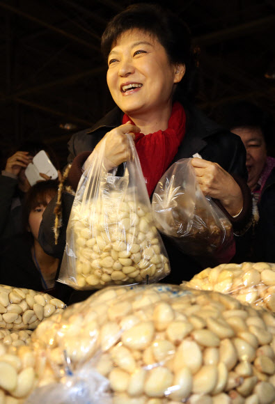 새누리당 박근혜 대선후보가 13일 오전 충남 천안시 서북구 신당동 농수산물시장을 방문 깐마늘과 생강을 사고 있다.  연합뉴스