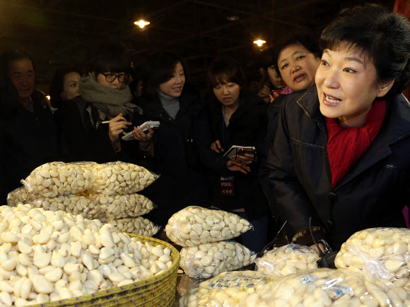 새누리당 박근혜 대선후보가 13일 오전 충남 천안시 서북구 신당동 농수산물시장을 방문 깐마늘과 생강을 사고 있다.  연합뉴스