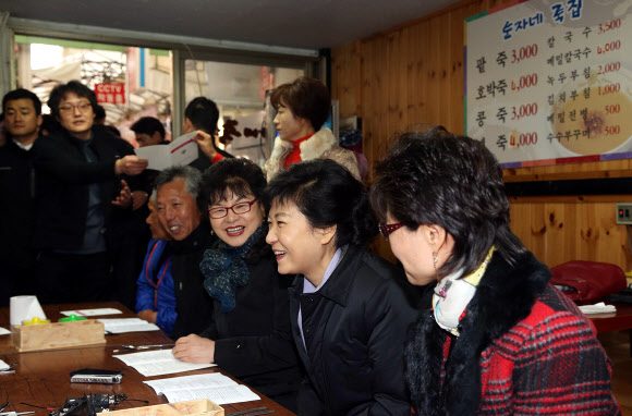 새누리당 박근혜 대선후보가 14일 오후 충북 청주시 상당구 석교동 육거리시장을 방문, 죽집에서 시장상인들과 오찬 간담회를 하고 있다. 연합뉴스