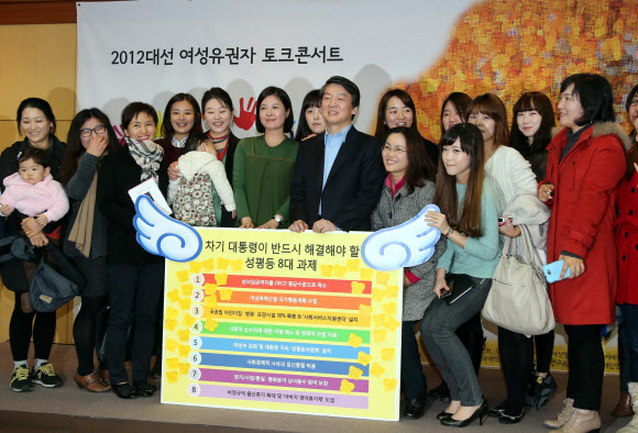 무소속 안철수 대선후보가 16일 오후 서울 동작구 대방동 서울여성플라자에서 열린 ‘2012 대선 여성유권자 토크콘서트’에서 참석자들과 포즈를 취하고 있다.  연합뉴스