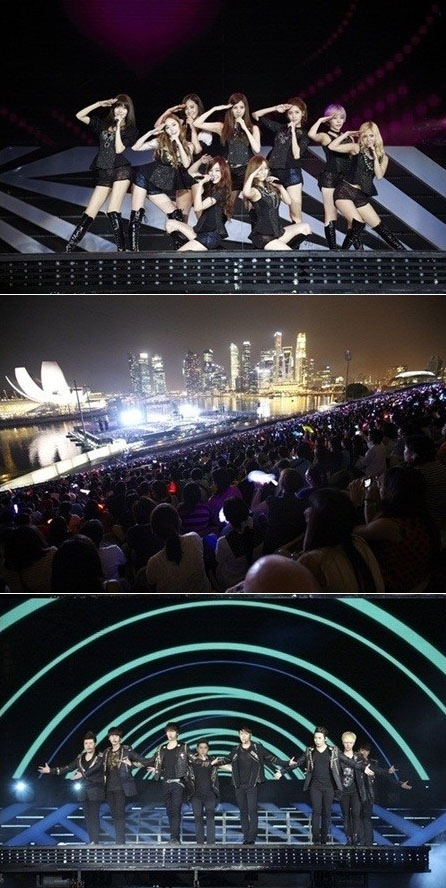 소녀시대(맨 위)와 슈퍼주니어(맨 아래)가 싱가포르에서 열정적인 공연을 보여주<br>고 있다.<br>SM엔터테인먼트 제공