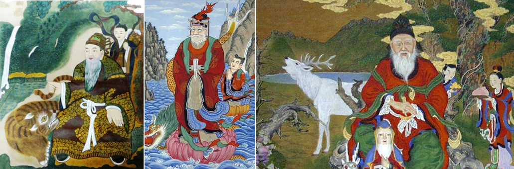 제주도 한라산의 사찰에 있는 산신 그림에는 산신의 상징인 호랑이 대신 흰 사슴이 등장했다(오른쪽). 또 바다에 둘러싸인 섬의 특성 때문인지 산신의 보호 동물로 용이 등장하기도 한다(중앙). 현대식으로 그린 북한의 산신 그림이다. 귀여운 호랑이를 동반하고 있다(왼쪽).  데이비드 메이슨 웹사이트 www.san-shin.org 제공