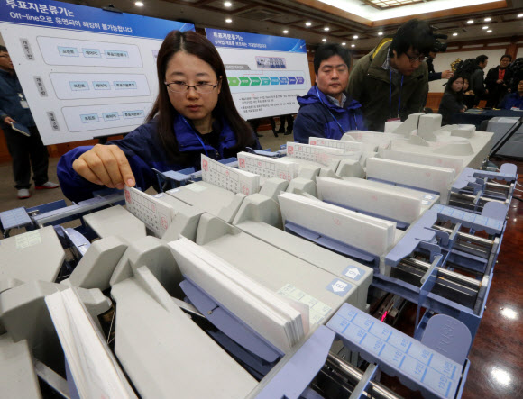 제18대 대통령 선거를 앞두고 6일 과천 중앙선거관리위원회에서 관계자가 전자개표기를 시연하고 있다.  연합뉴스