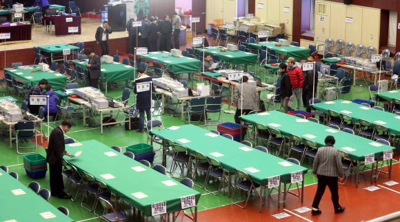 제18대 대선을 하루 앞둔 18일 오후 서울 동대문구청에 마련된 개표소에서 선관위 관계자들이 분주하게 움직이고 있다. 투표는 19일 오전 6시부터 오후 6시까지 전국 1만3천542곳의 투표소에서 실시된다.  연합뉴스