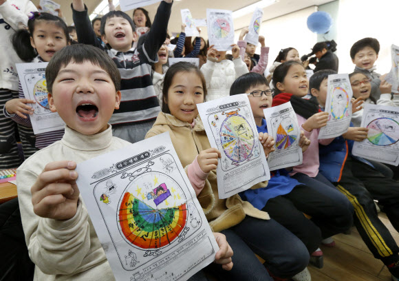 서울시내 초중고등학교 겨울방학이 시작된 18일 서울 중랑구 서울원묵초등학교 2학년 학생들이 방학식을 마친 뒤  생활계획표를 들고 즐거워하고 있다. 연합뉴스