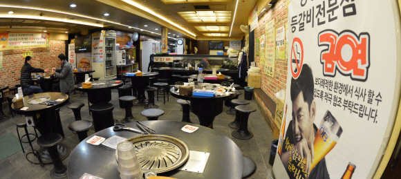 일정 규모 이상의 음식점·주점 등에 지난 8일부터 금연이 의무화됐지만 시간이 지나면서 지키지 않는 곳이 늘고 있다. 25일 낮 금연 구역임을 알리는 포스터가 붙어 있는 서울 시내의 한 식당. 손형준 기자 boltagoo@seoul.co.kr