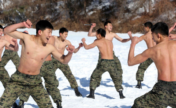 9일 설한지 극복 훈련 중인 특전사 대원들이 강원 평창군 황병산 훈련장 눈밭에서 특공무술을 하고 있다. 연합뉴스