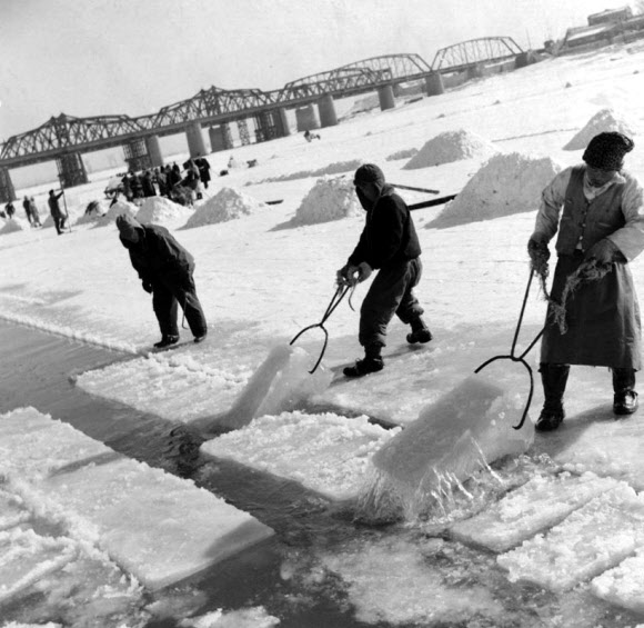 국가기록원 제공 1950~1970년대 겨울 모습을 보여주는 동영상과 사진 등 시청각자료 21건을 국가기록원이 18일 공개했다. 1957년 겨울 얼음이 꽁꽁 언 한강에서 인부들이 얼음을 네모나게 잘라 끌어올리는 모습이 이채롭다.