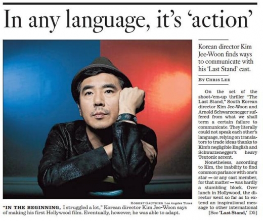 LA 타임스는 지난 16일 ‘언어는 상관없다. 액션일 뿐’이란 제목으로 김지운 감독의 인터뷰를 소개했다.<br>CJ E&M 제공