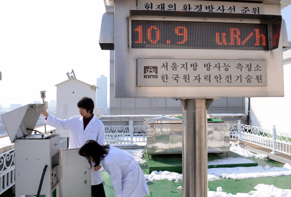 방사능 농도 10.9uR “정상” 13일 오전 서울 성동구 한양대 내 한국원자력안전기술원 서울방사능측정소에서 연구원들이 대기중 방사능의 농도를 재며 하루 전 북한의 3차 핵실험에 따른 국내 영향을 점검하고 있다. 시간당 10.9uR(마이크로뢴트겐)으로 허용 기준치 내에 있는 것으로 나타나고 있다. 이언탁 기자 utl@seoul.co.kr