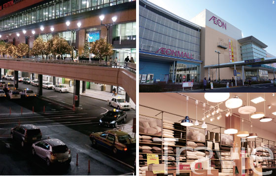 1 센다이 역의 피데스트리언 데크 2 센다이 시내에서 공항 가는 길에 있는 대형 쇼핑몰 이온몰나토리 3 이온몰나토리 1층의 무인양품 매장