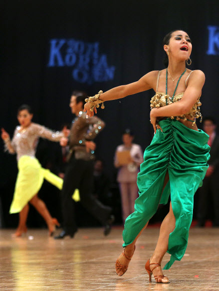 3일 오전 서울 용산구 그랜드하얏트호텔에서 열린 ‘2013 코리아오픈 국제 댄스스포츠 선수권대회’에서 참가 선수들이 아시안 클로즈드 라틴 부문 1라운드 경기를 펼치고 있다 연합뉴스