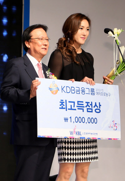 26일 서울 남산 하얏트호텔에서 열린 ‘2012-2013 시즌 여자프로농구 시상식’에서 김정은(하나외환)이 박근희 삼성생명 구단주에게 최고득점상을 받고 기념촬영을 하고 있다. 연합뉴스