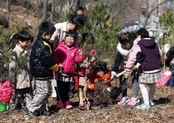 29일 오전 서울 중계동 불암산에서 어린이들이 산철쭉과 백합나무 등을 심고 있다. 노원구는 식목일을 앞두고 ‘한 가정에 하나의 식물심기’ 일환으로 이날 행사를 실시했다.연합뉴스