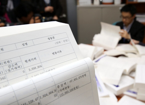 국회 공직자윤리위원회가 29일 고위공직직자들의 재산변동 신고 내역을 공개한 가운데, 여의도 국회에서 국회 사무처 직원들이 19대 국회의원의 재산공개 내역이 담긴 국회공보를 살펴보고 있다. 연합뉴스