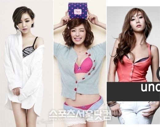아이돌 가수 가인, 전효성, 지나(왼쪽부터)도 파격적인 속옷 광고 모델로 활동하며 섹시미를 뽐내고 있다. <br>Yes, 르페 제공