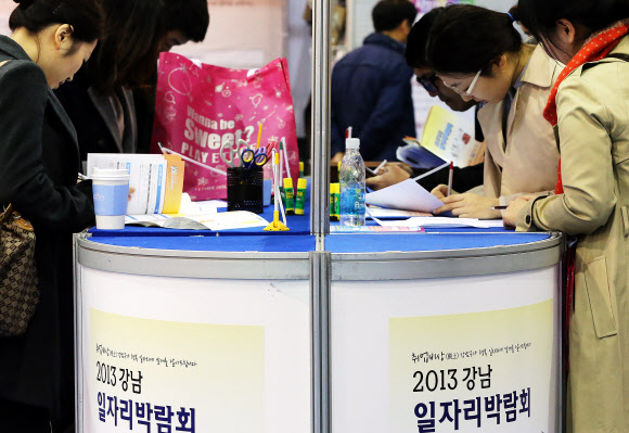 9일 오전 서울 무역전시컨벤션센터(SETEC)에서 열린 ‘2013 강남 일자리 박람회’에서 구직자들이 이력서를 작성하고 있다. 연합뉴스