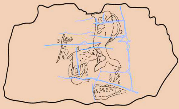 국보 285호 울산 울주 반구대암각화에서 새로 발견된 그림들. 1번이 고래, 3,4,6번이 육지동물, 2,5번은 미상이다. 울산시 제공