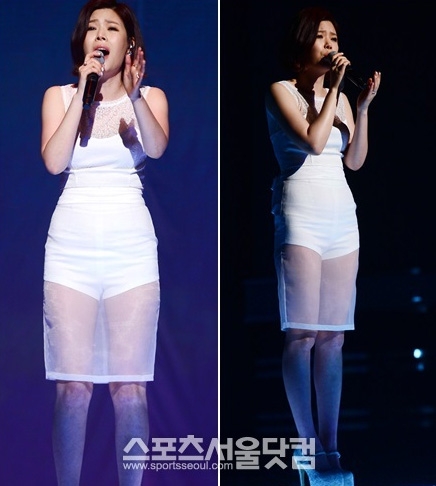 콘셉트를 알 수 없는 독특한 의상을 입은 린은 짧은 의상에서 비롯된 지나친 노출로 분위기를 어색하게 했다. /남윤호 기자