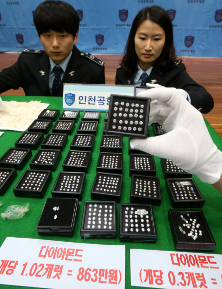 관세청 인천공항세관은 인천공항을 통해 7억 원 상당의 다이아몬드를 밀수하려 한 혐의(관세법 위반)로 홍콩인 L(50·여)씨를 구속했다고 10일 밝혔다. L씨는 지난 4일 1캐럿 이상 다이아몬드 3개를 포함해 총 1천32개, 342캐럿 상당의 다이아몬드를 콘돔으로 포장해 항문 속에 숨겨 밀반입하려 한 혐의를 받고 있다. 연합뉴스