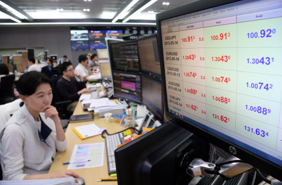 엔·달러 환율이 약 4년 만에 달러당 100엔을 돌파했다. 엔·달러 환율이 달러당 100엔을 넘은 것은 2009년 4월 14일 이후 처음이다. 사진은 10일 오전 서울 중구 명동 외환은행 본점 딜링룸.  연합뉴스