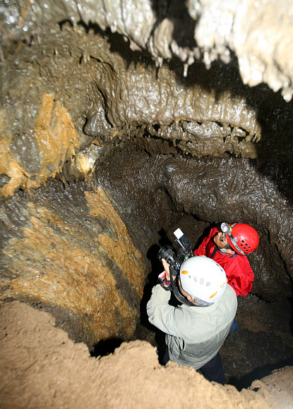 29일 제주 서귀포시 성산읍 신양리 섭지코지 해안에 인접한 휴양콘도미니엄 신축 공사장에서 발견된 용암동굴에 대한 전문가 조사가 이뤄졌다. 전문가들이 동굴 내부로 들어가 동굴의 상태를 조사하고 있다.  연합뉴스