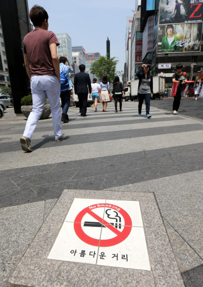 세계보건기구(WHO)가 담배 연기 없는 사회를 만들기 위해 지정한 금연의 날을 하루 앞둔 30일 오후 서울 강남대로 보행지역 바닥에 금연거리를 알리는 표시가 돼있다.  연합뉴스