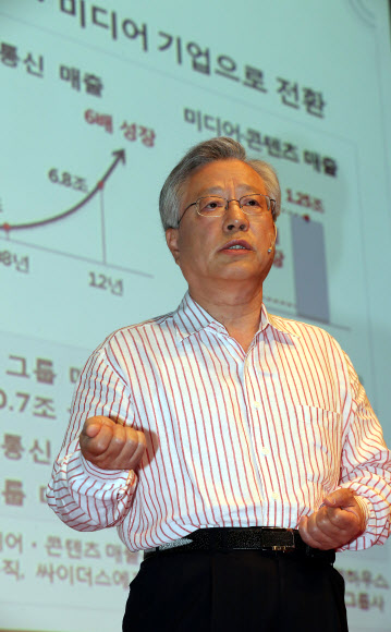 KT 이석채 회장 기자간담회 KT 이석채 회장이 11일 오전 서울 광화문 KT에서 열린 ‘통합 KT 출범 4주년 기자간담회’에서 프레젠테이션을 하고 있다. 연합뉴스