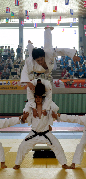 14일 경기도 용인시 기흥구 언남동 법무연수원에서 열린 전국교도관 무도대회에서 경기시작에 앞서 유도시범단으로 나선 교도관들이 낙법으로 인간장애물을 뛰어넘고 있다. 손형준 boltagoo@seoul.co.kr