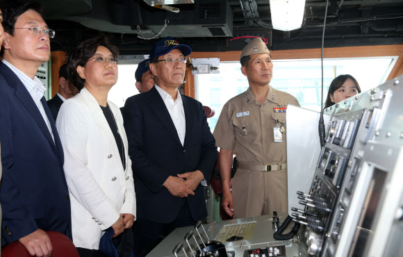 PKG고속함 견학하는 황우여 황우여 새누리당 대표와 최고위원들이 20일 강원 동해시 동해 군항에서 최신 유도탄 고속함인 PKG고속함을 견학하고 있다. 연합뉴스