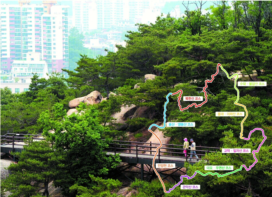 전국적으로 걷기 열풍이 거센 가운데 서울을 걸어서 한 바퀴 돌 수 있는 서울 둘레길이 내년에 완공된다. 모두 8개 구간으로 구성됐으며 전체 길이는 157㎞에 이른다. 21일 북한산 둘레길 8코스를 찾은 도보꾼들이 데크로 정비된 구간을 걷고 있다. 정연호 기자 tpgod@seoul.co.kr