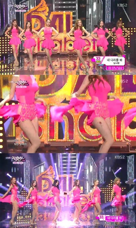 달샤벳이 겉치마를 뜯는 아찔한 댄스로 안방 시청자들을 사로잡았다. <br>KBS2 ‘뮤직뱅크’ 방송 캡처