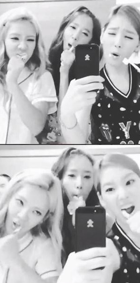 소녀시대 태연(오른쪽부터) 윤아, 효연이 양치를 하는 영상이 화제다. <br>태연 인스타그램